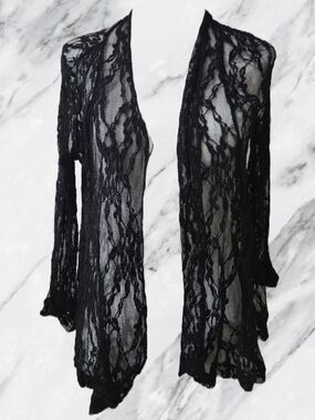 Black Sheer Lace Open-Front Cardigan - Women's Sweater